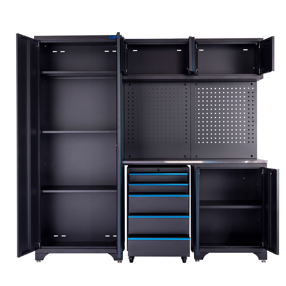 SGS 6pc Garage Storage System | Stainless Work Bench | Wheeled Cabinet | Wall Shelving | Tall Double Side Cabinet | Blue